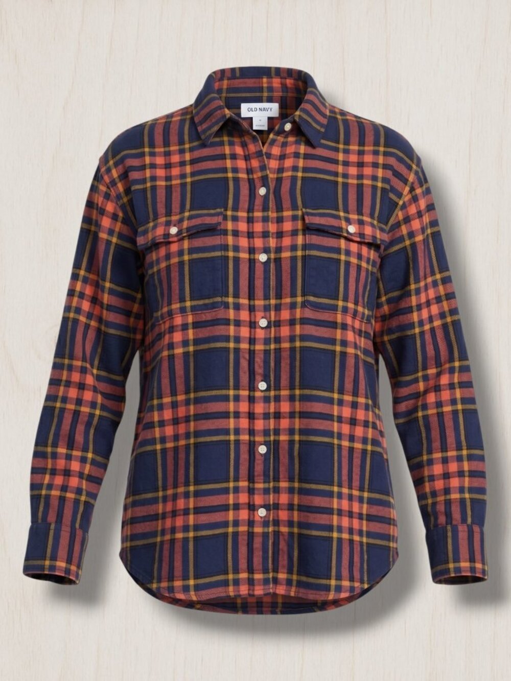 Old Navy The Boyfriend‎ Shirt Plaid Cotton Flannel Button Down Navy Blue Large
